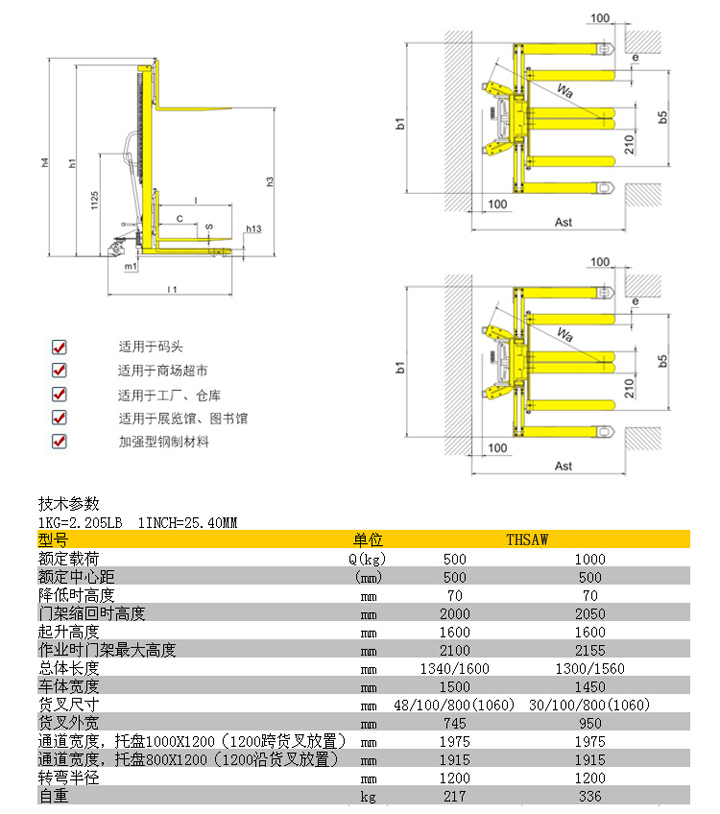 THSAW系列手动堆高车技术参数